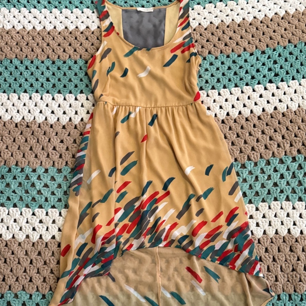 Lush Tan Green Red Chiffon Paint Stroke High Low Midi Dress Womans sz Small